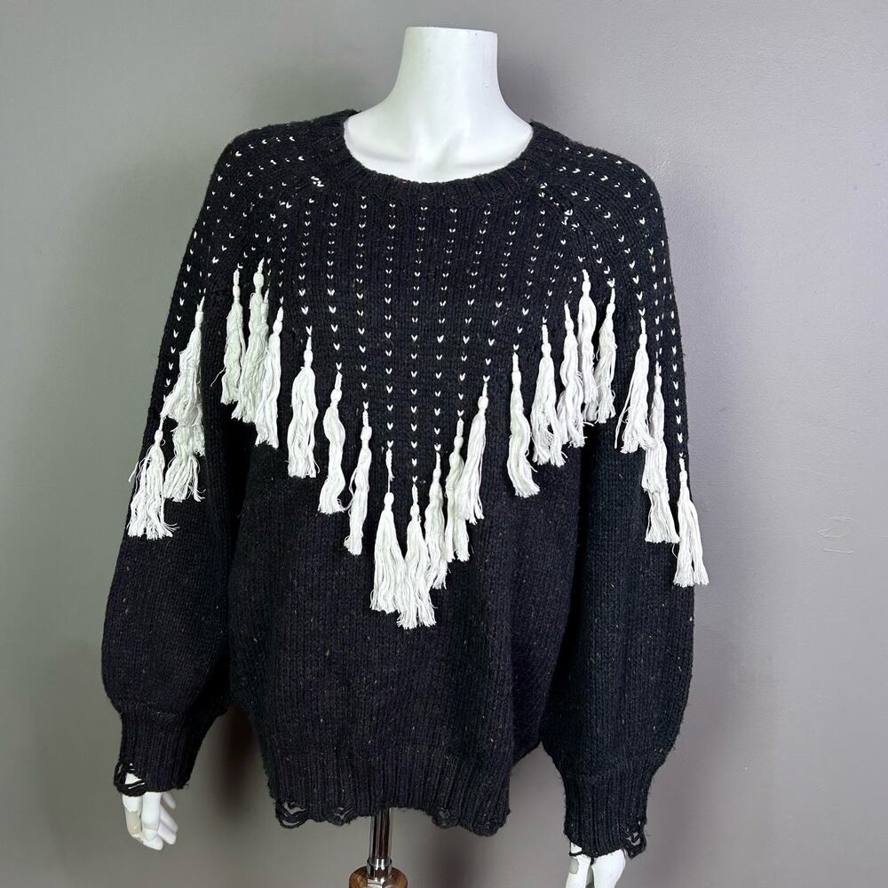WILDFOX sweater Medium western boho tassels birdseye‎ distressed relaxed